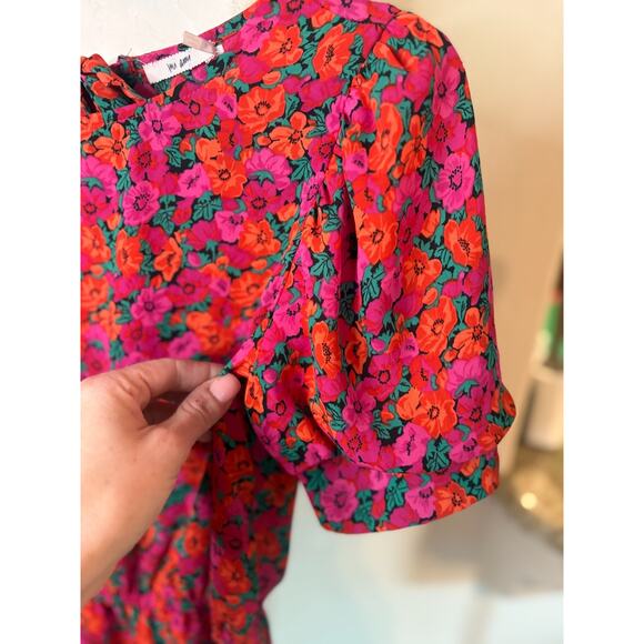 Francesca’s Mi Ami Miami Floral Open Back Puff Sleeve Peplum Blouse Small 2-6 - Picture 3 of 5